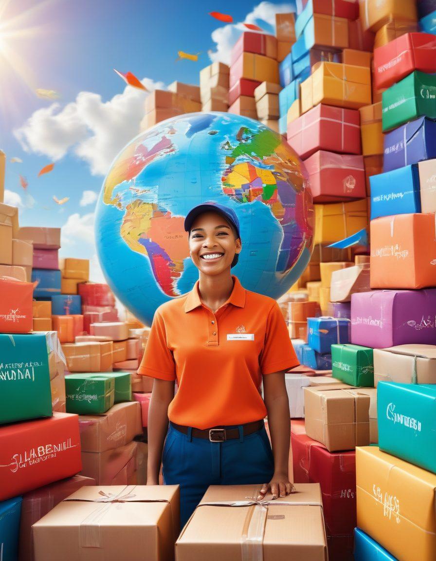 A cheerful delivery person surrounded by colorful packages with smiling faces, symbolizing joyful international trade. In the background, a globe with arrows depicting global shipping routes and diverse landscapes. Soft sunlight filtering through clouds to represent hope and positivity in deliveries. Illustrate happy customers receiving their packages with a sense of excitement. vibrant colors. flat design.