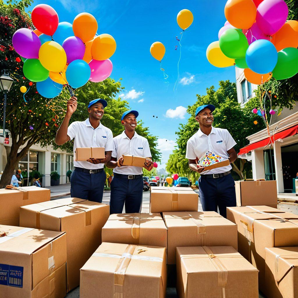 A joyful delivery scene featuring diverse delivery workers smiling while handling colorful packages. In the background, a bright sunny sky and happy customers receiving their shipments, surrounded by lush greenery. Playful elements like balloons and confetti add to the cheerful atmosphere. The image should convey a sense of happiness and satisfaction in shipping experiences. vibrant colors. super-realistic.