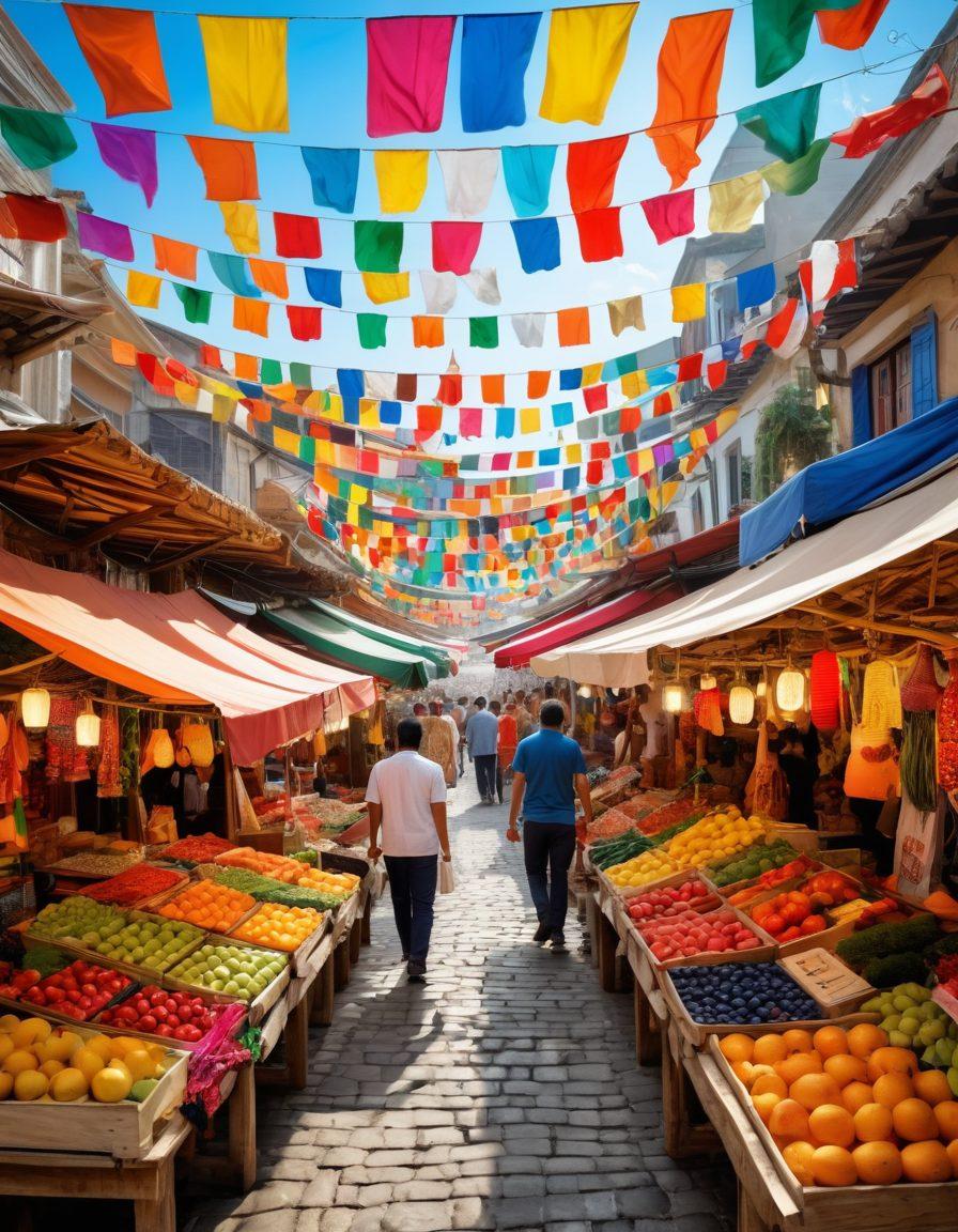 A vibrant marketplace bustling with energy, showcasing diverse products and smiling merchants exchanging goods, symbolizing joyful global commerce. Include flags from various countries, creative packaging, and colorful fruits and crafts. Capture the spirit of collaboration and cultural exchange. super-realistic. vibrant colors. 3D.